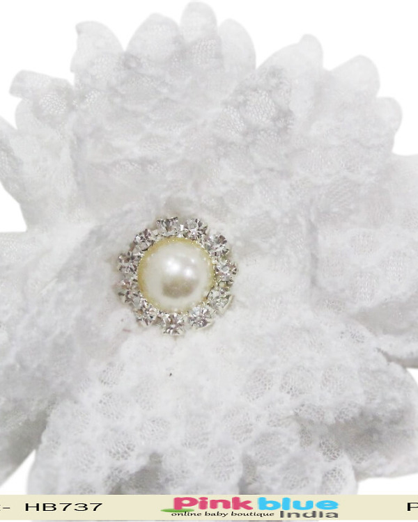 Infant girl white flower headband elegant party accessory soft stylish look