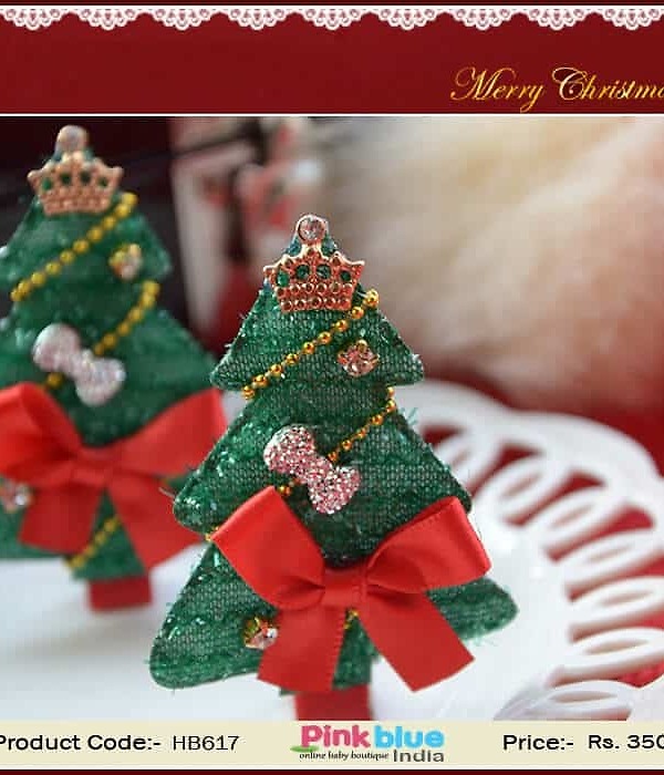 Christmas tree hair clip for infant girls in red green, festive wear, cute accessory