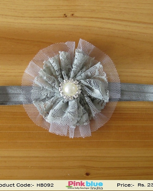 Soft grey newborn girl headband for cake smash and photoshoot