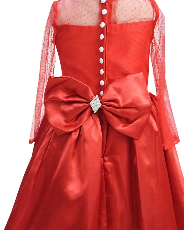 Girls red satin net high low dress wedding party elegant outfit