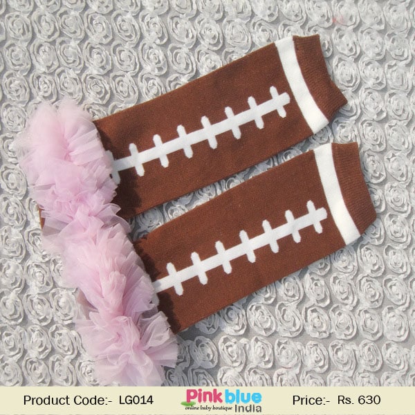 Brown white infant leg warmers with pink frills, winter occasion wear, soft stylish design