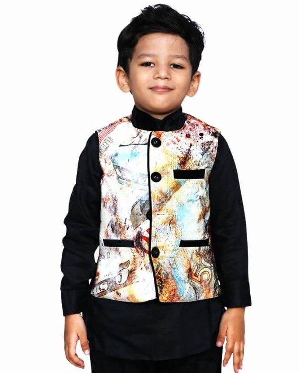 Black traditional kurta pajama with jacket for kids wedding