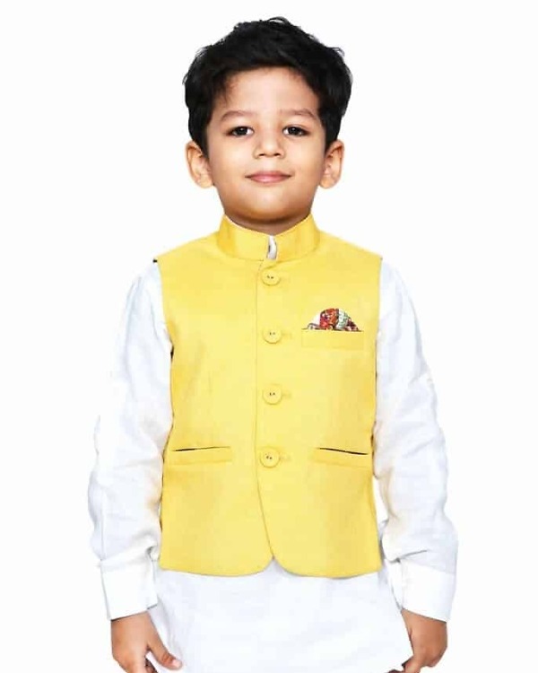 White kurta pajama yellow waistcoat baby boy festive wedding outfit