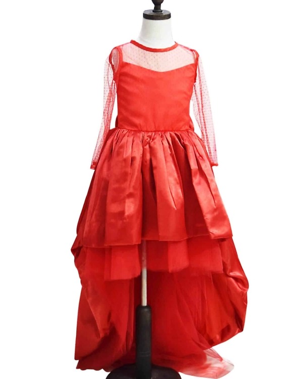 Girls red satin net high low dress birthday wedding stylish party outfit