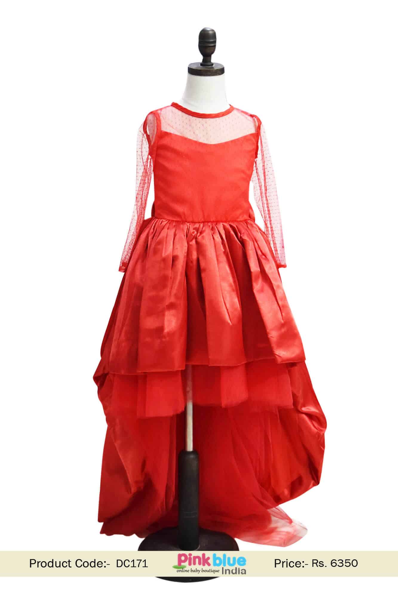 Girls red satin net high low dress birthday wedding stylish party outfit