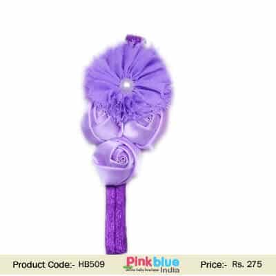 Purple toddler girl hairband with lavender flowers for wedding, elegant and cute