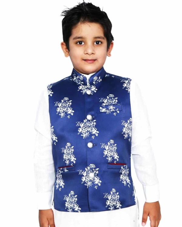 Kids white kurta pajama blue jacket wedding stylish ethnic wear