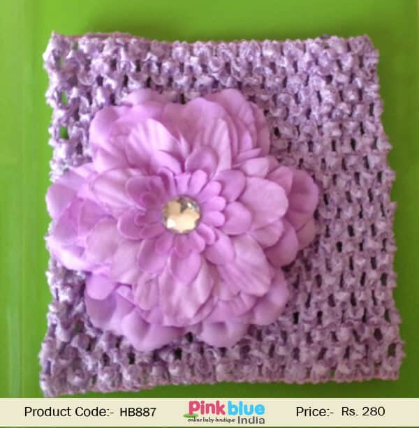 Lavender crochet flower hairband for infant birthday wear, soft cute style