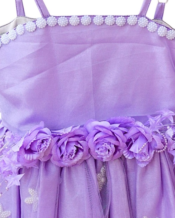 Lavender frock for kids with rosettes, cute birthday party dress