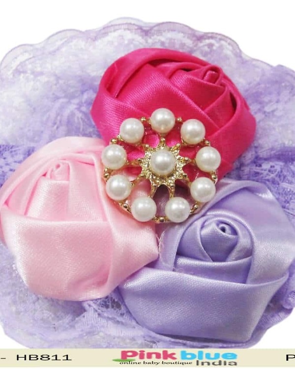 Lavender baby girl headband with flowers for birthday, soft and elegant style