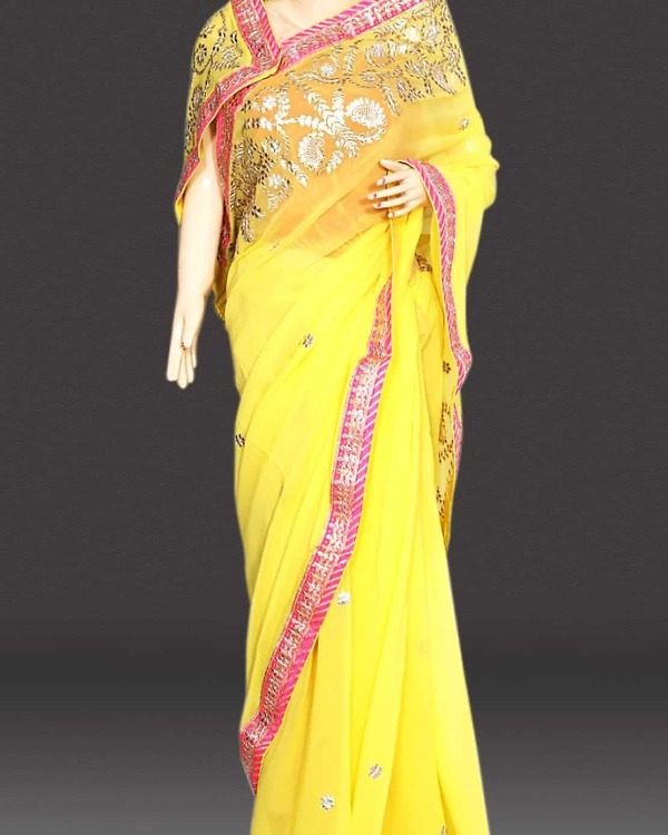 Women lemon yellow designer saree wedding wear bright elegant festive look