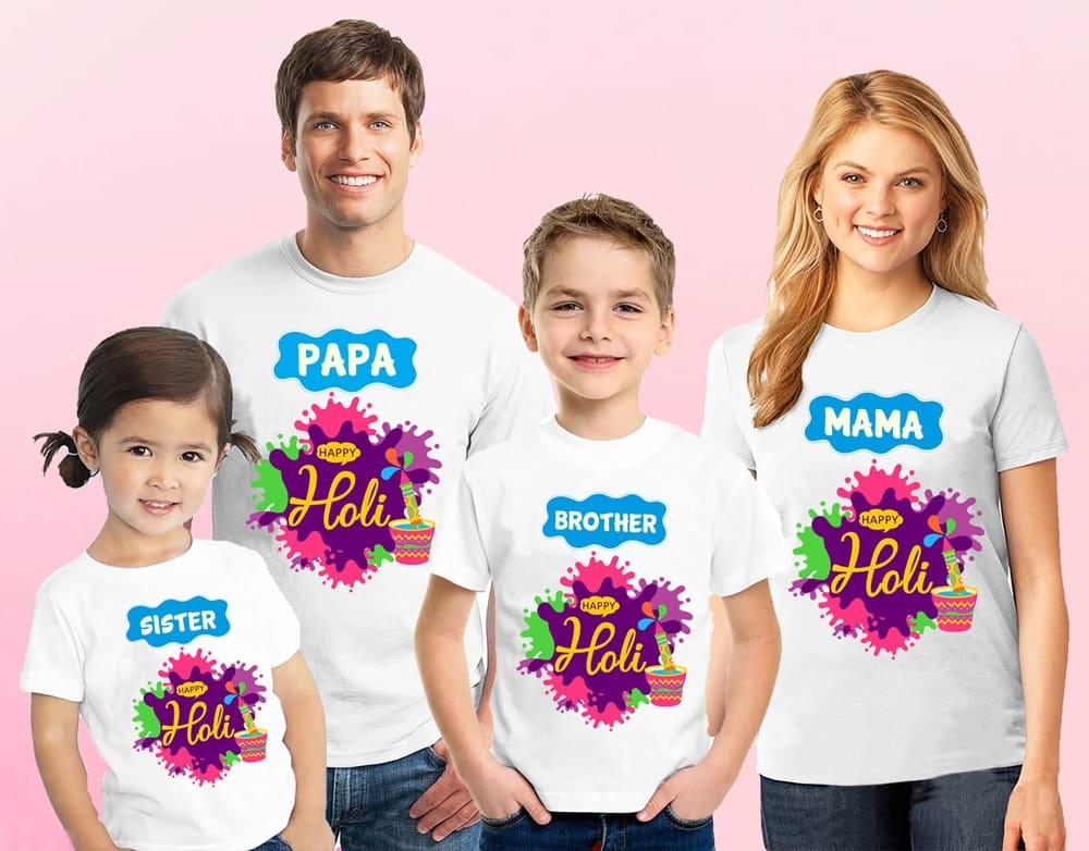Family matching Holi shirts set colorful festive stylish look