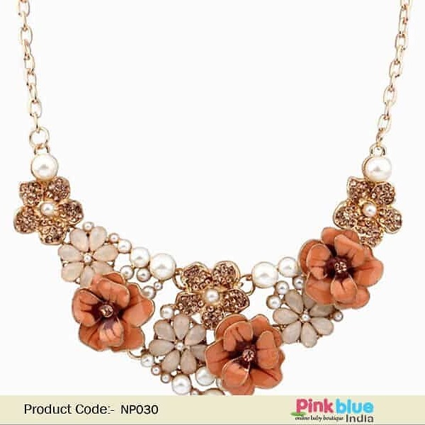 Beaded floral necklace for women gold orange festive wear stylish