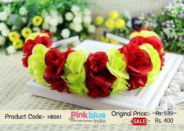 Neon green red floral baby girl headband for party, vibrant and cute