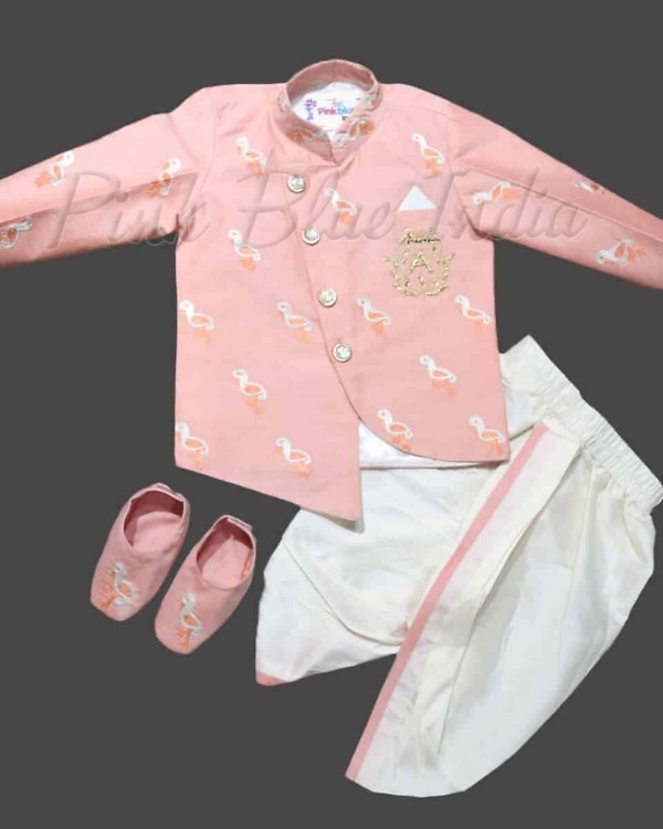 Newborn flamingo theme jacket dhoti set pink birthday outfit