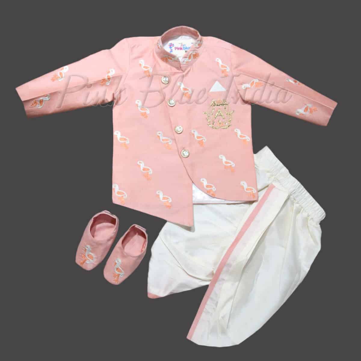 Newborn flamingo theme jacket dhoti set pink birthday outfit