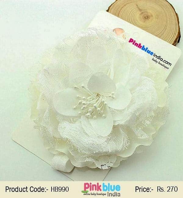 Off white net flower kids hairband for wedding, elegant and stylish wear