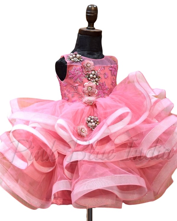 Onion pink layered gown for girls elegant birthday celebration wear