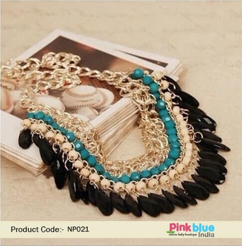 Gold loop necklace for women turquoise black white stones party wear