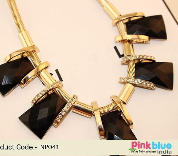 Black bead necklace for women with gold plates white stones party wear elegant