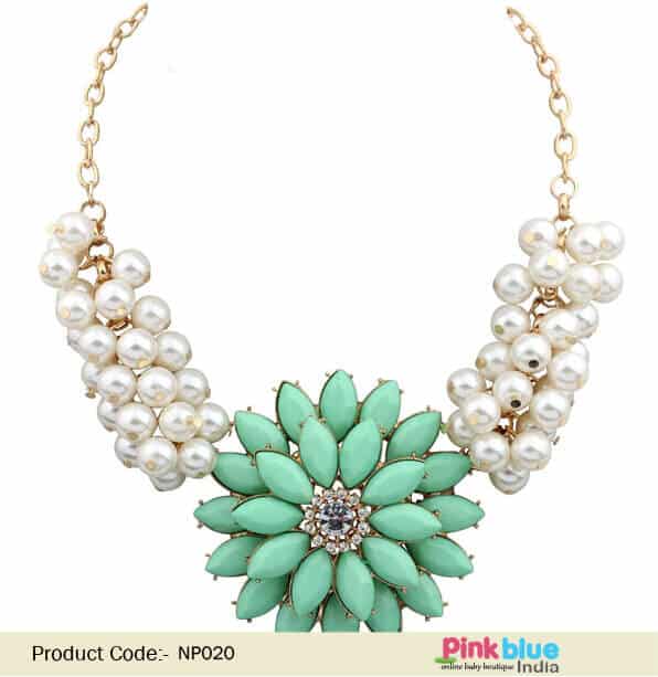 Pastel green floral necklace for women pearl accents festive wear classy