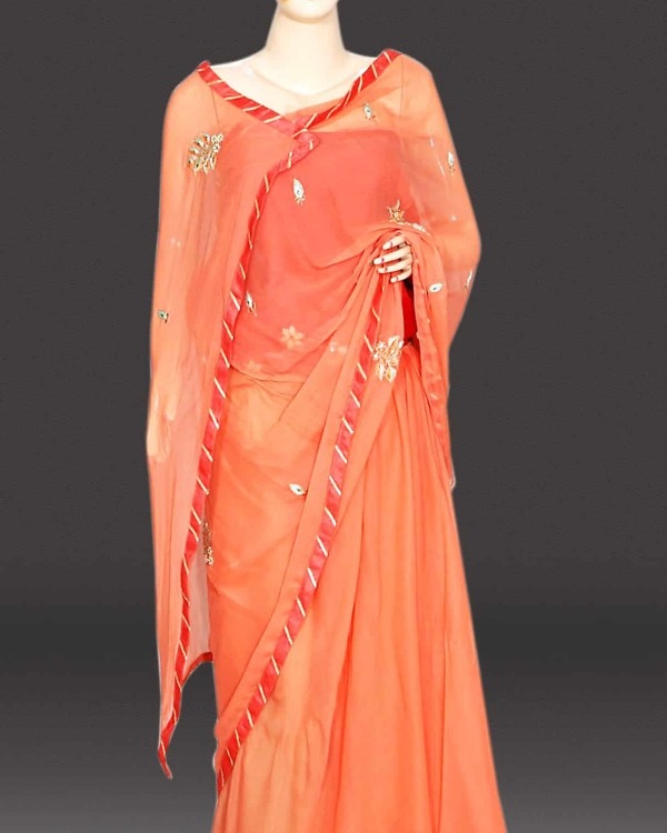 Women peach chiffon saree wedding party wear lightweight elegant stylish look