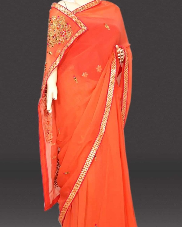 Women peach georgette saree party wear stylish elegant soft drape
