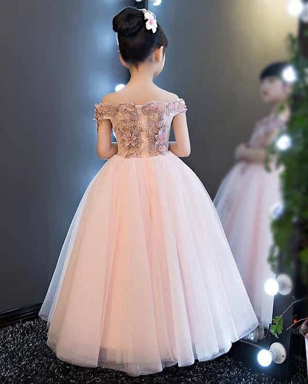 Kids girl peach off shoulder dress birthday party wear stylish princess look
