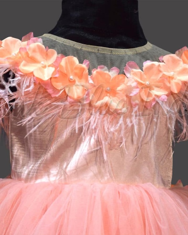 Baby girl peach feather gown stylish birthday party dress