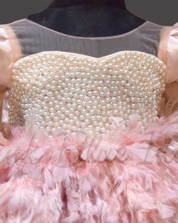 Peach party feather dress for girls elegant birthday celebration wear