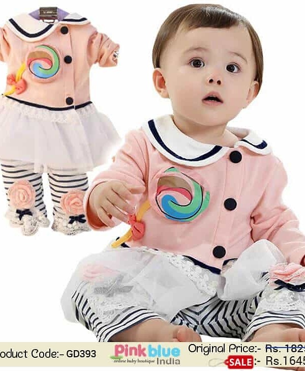 Pink white candy dress for infant girls party, cute and stylish occasion wear