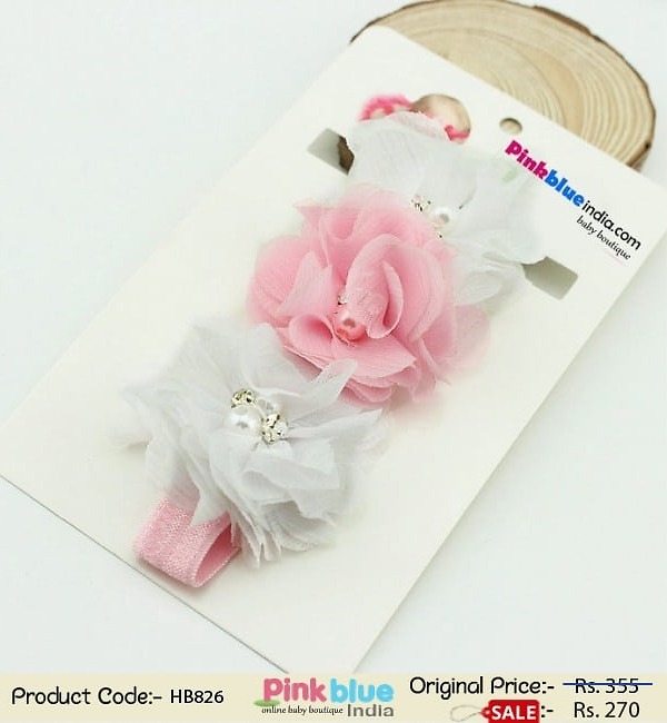 Pink white floral baby headband for birthday, soft and elegant accessory