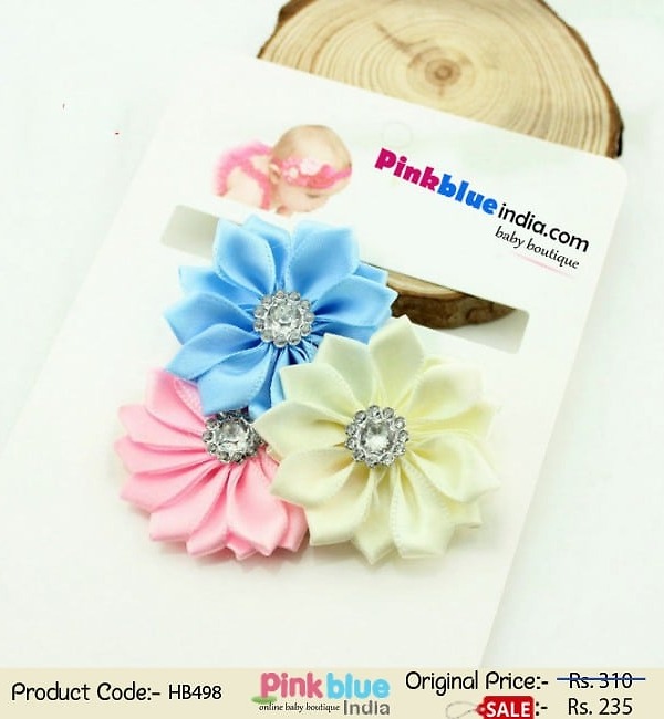 Pink blue off white floral baby girl headband for celebration, elegant gift