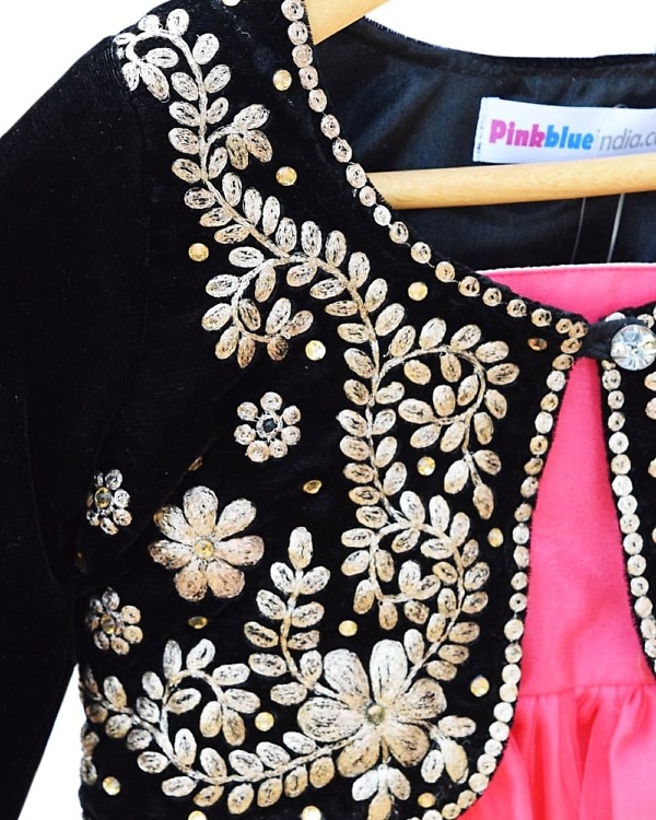 Pink frock with black jacket for baby girl, stylish festive outfit