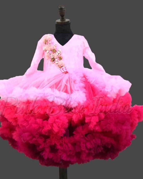 Pink ombre ruffle gown girls birthday party wear elegant stylish outfit