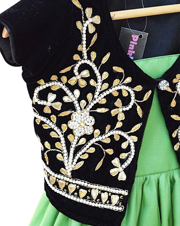 Pistachio green frock with black jacket for girls, elegant wedding wear