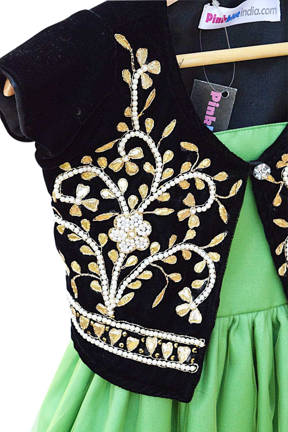 Pistachio green frock with black jacket for girls, elegant wedding wear