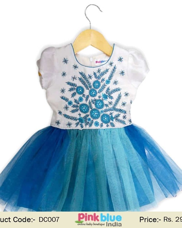 Blue and white princess dress for baby girl, elegant outfit for celebrations