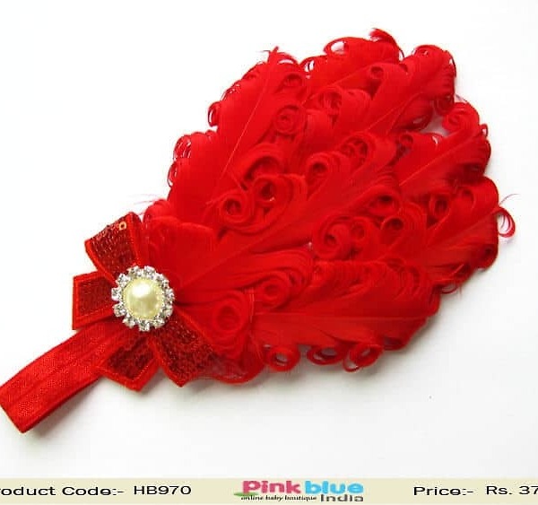 Red feather designer toddler hairband for party, bold and stylish wear