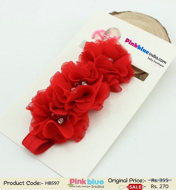 Red floral infant girl headband for celebration, bold and stylish gift