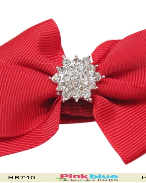 Red toddler headband with diamond bow for birthday, classy and stylish look