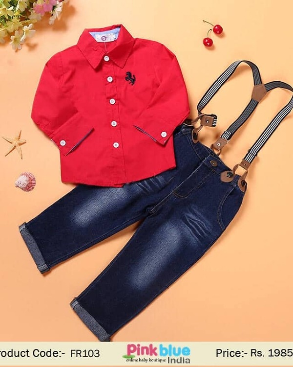 Two piece red shirt jeans toddler boy party wear outfit