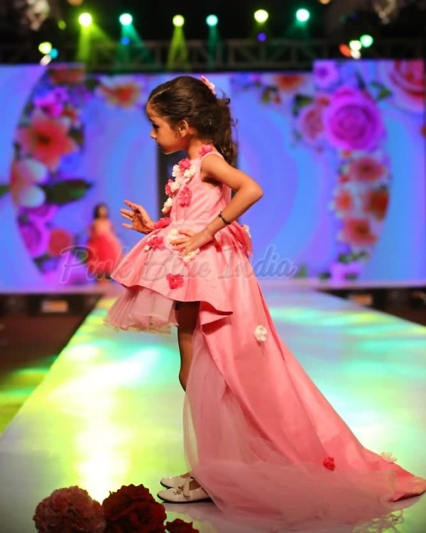 Pink long tail baby girl birthday gown for party celebration princess look