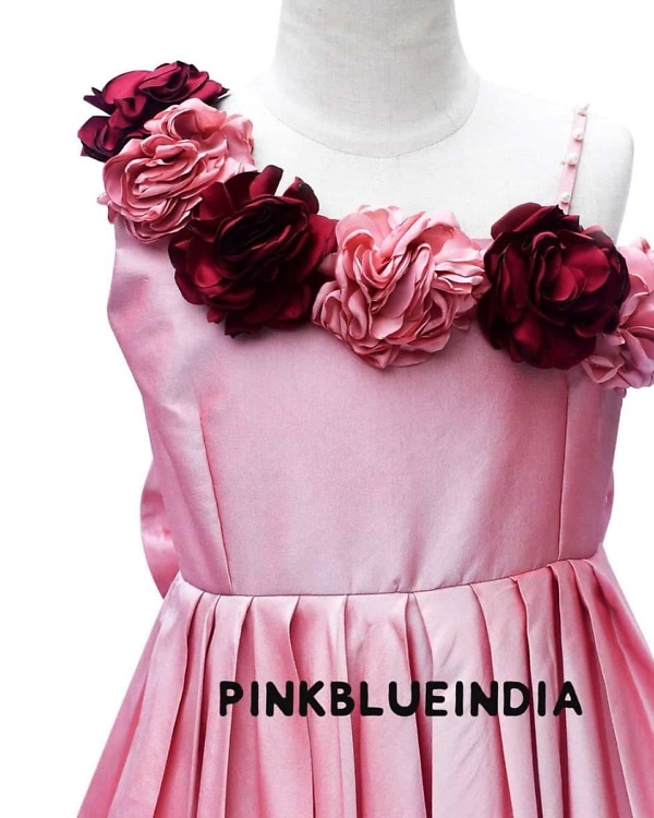 Baby girl pink silk gown elegant party wear dress birthday celebration princess outfit