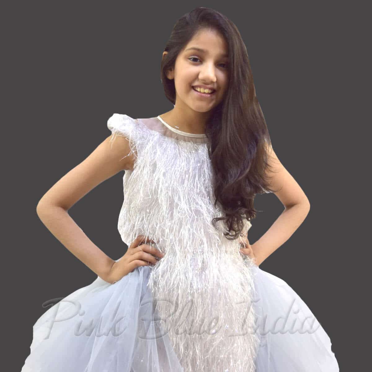 Silver detachable tail party gown girls birthday celebration stylish outfit