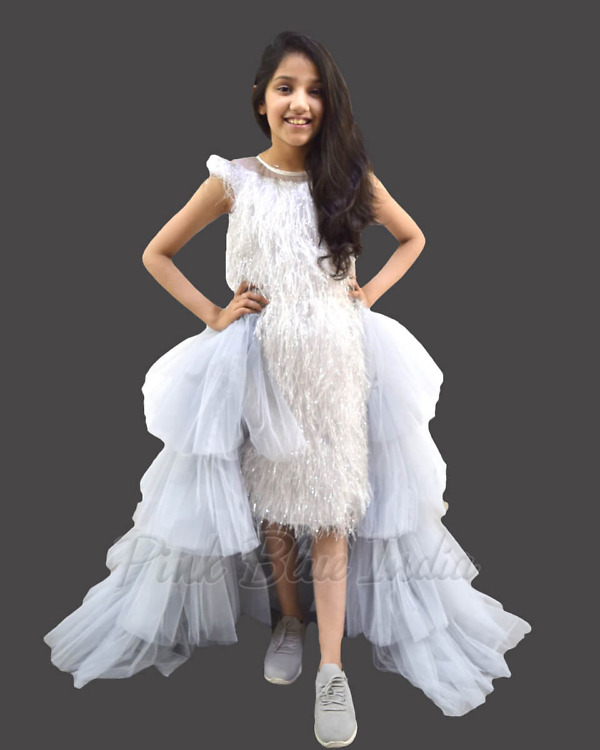 Silver detachable tail birthday gown girls party wear stylish elegant look