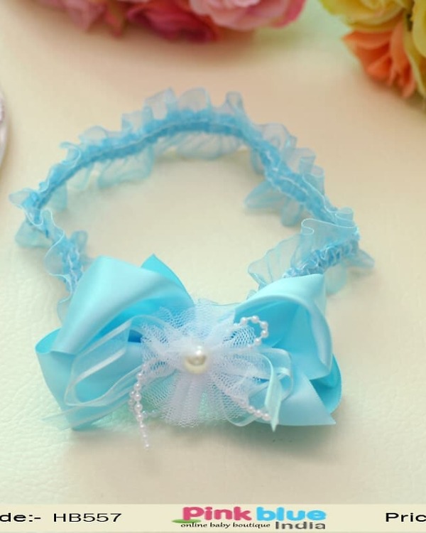 Cute baby girl sky blue headband with bow for party wear, soft stylish festive accessory gift