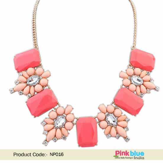 Statement necklace for women pink peach beads white stones festive wear