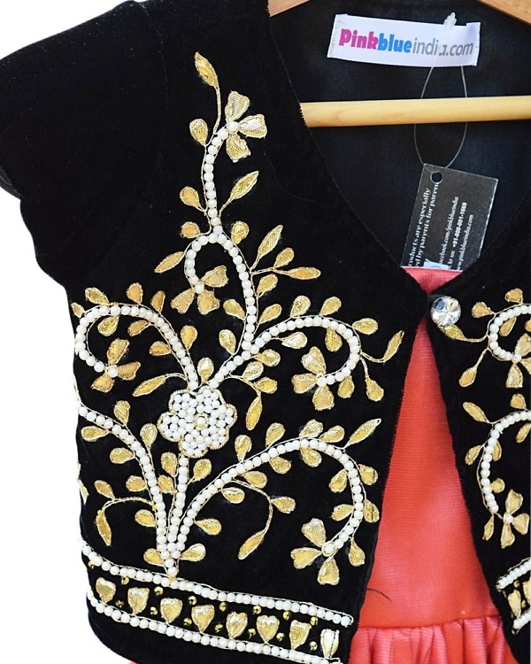 Black velvet gota patti jacket with salmon frock, traditional party wear