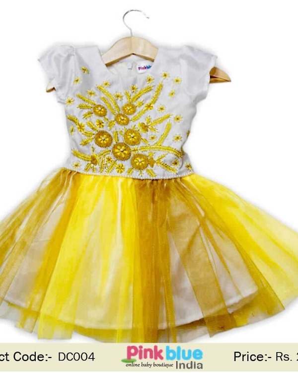 Baby girl white yellow dress floral design wedding occasion elegant outfit